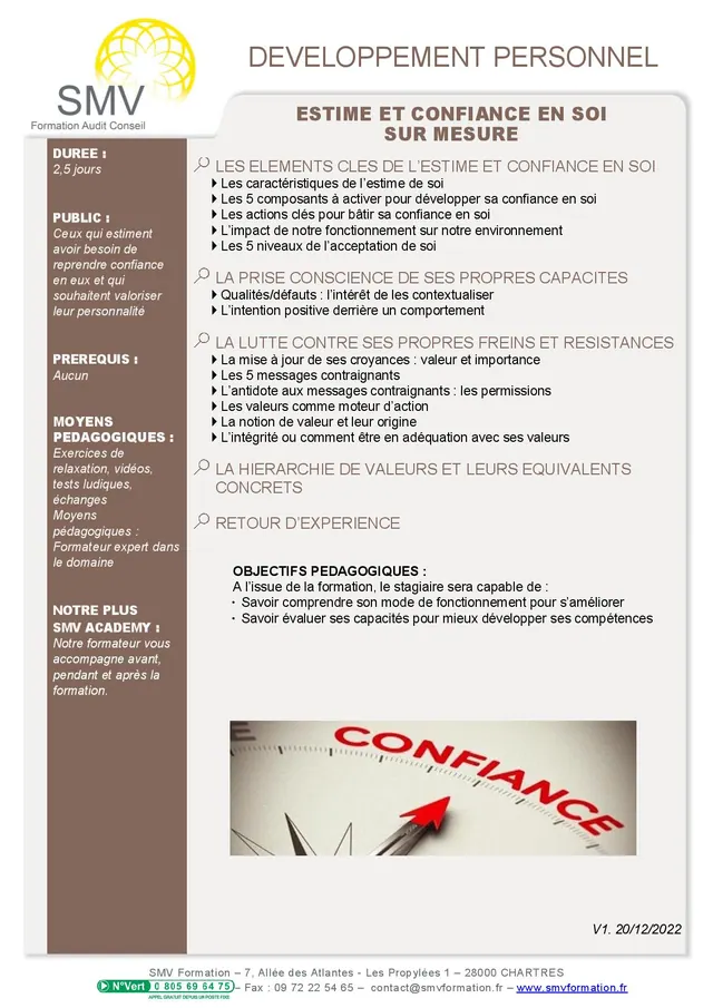 Fiche programme de la formation Estime et confiance en soi sur mesure : durée, public, prérequis, objectifs pédagogiques et contenu