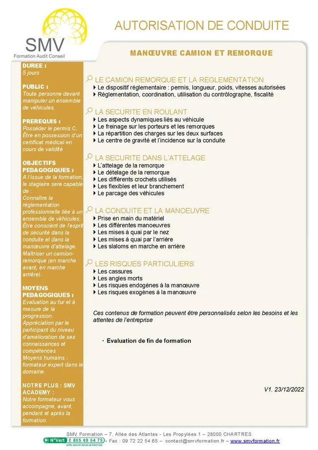 Fiche programme de la formation Manœuvre camion et remorque : durée, public, prérequis, objectifs pédagogiques et contenu