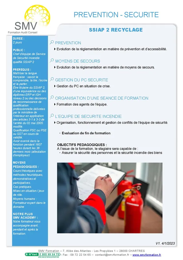 Fiche programme de la formation SSIAP 2 Recyclage : durée, public, prérequis, objectifs pédagogiques et contenu