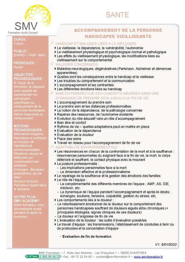 Fiche programme de la formation Accompagnement de la personne handicapée vieillissante sur mesure – Améliorez l’accompagnement et favorisez le bien-être : durée, public, prérequis, objectifs pédagogiques et contenu