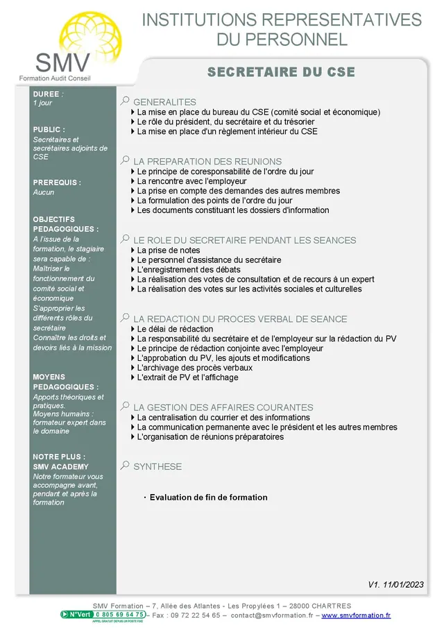 Fiche programme de la formation Secrétaire du CSE : durée, public, prérequis, objectifs pédagogiques et contenu