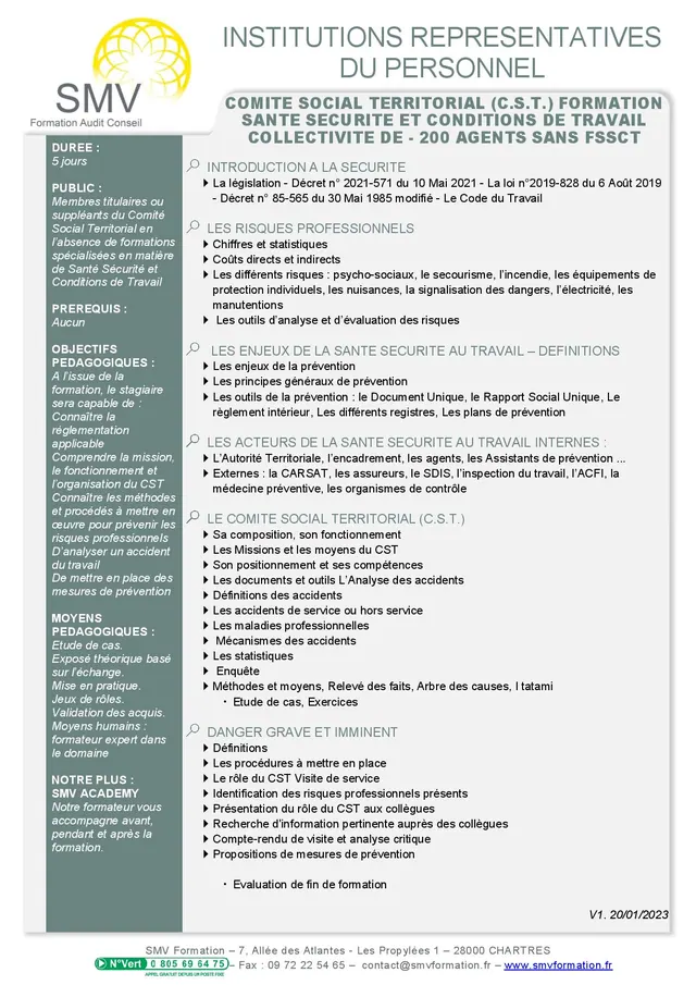 Fiche programme de la formation Comité Social Territorial CST formation Santé sécurité et conditions de travail collectivité – 200 agents sans FSSCT : durée, public, prérequis, objectifs pédagogiques et contenu
