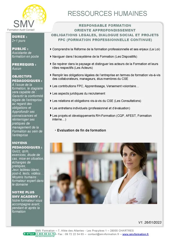 Fiche programme de la formation Responsable formation orienté approfondissement obligations légales, dialogue social et projets FPC : durée, public, prérequis, objectifs pédagogiques et contenu