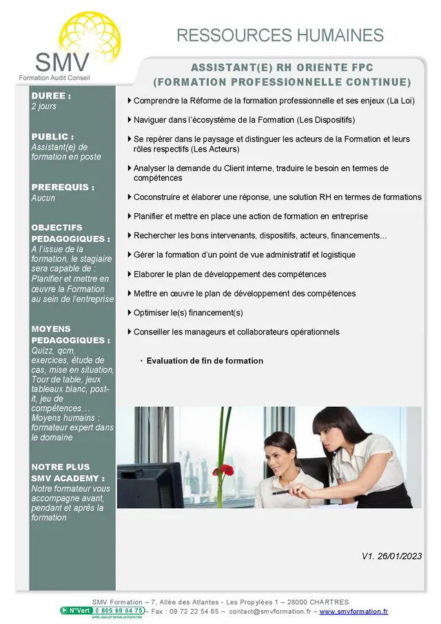 Fiche programme de la formation Assistant(e) RH orienté FPC : durée, public, prérequis, objectifs pédagogiques et contenu