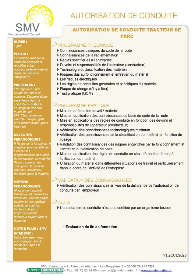 Fiche programme de la formation Autorisation de conduite Tracteur de Parc : durée, public, prérequis, objectifs pédagogiques et contenu