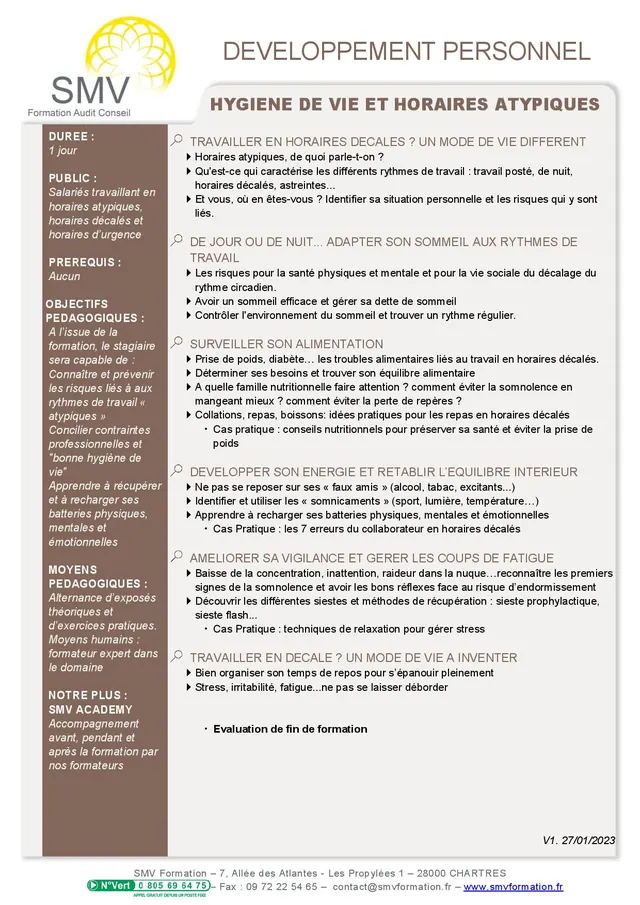 Fiche programme de la formation Hygiène de vie et horaires atypiques : durée, public, prérequis, objectifs pédagogiques et contenu