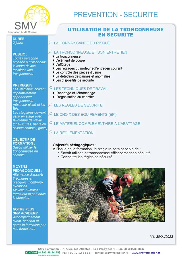 Fiche programme de la formation Utilisation de la tronçonneuse en sécurité 2 jours : durée, public, prérequis, objectifs pédagogiques et contenu