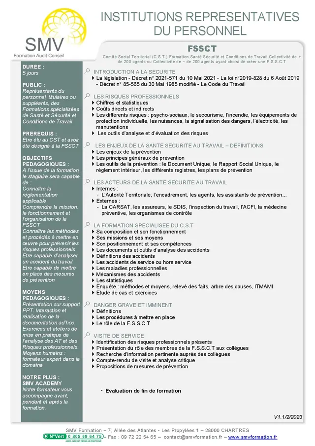 Fiche programme de la formation FSSCT 5 jours : durée, public, prérequis, objectifs pédagogiques et contenu