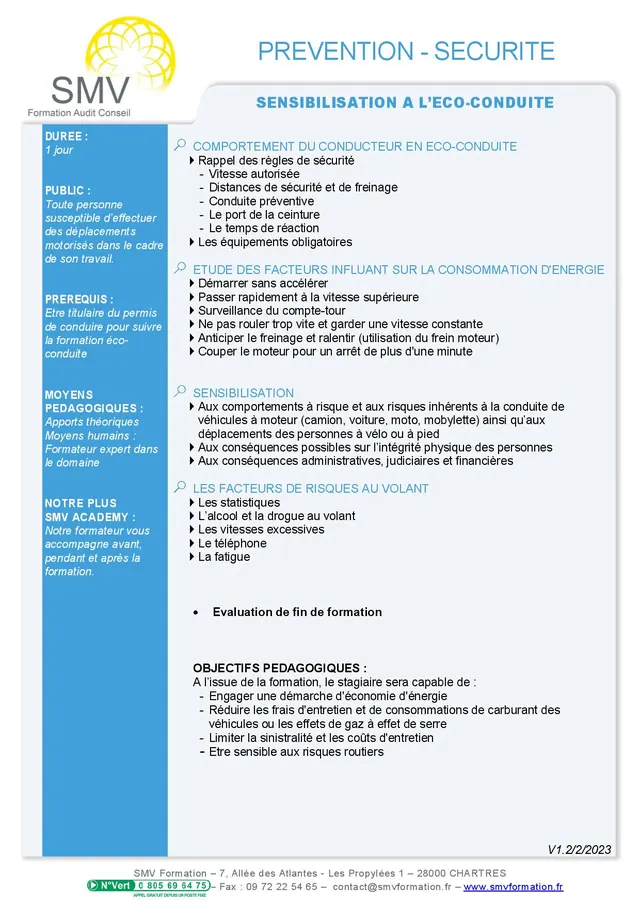 Fiche programme de la formation Sensibilisation à l’éco-conduite : durée, public, prérequis, objectifs pédagogiques et contenu