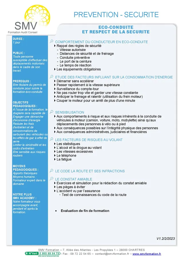 Fiche programme de la formation Eco-conduite et respect de la sécurité : durée, public, prérequis, objectifs pédagogiques et contenu