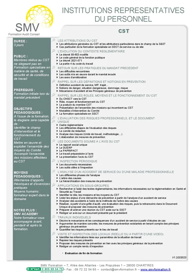 Fiche programme de la formation CST : durée, public, prérequis, objectifs pédagogiques et contenu
