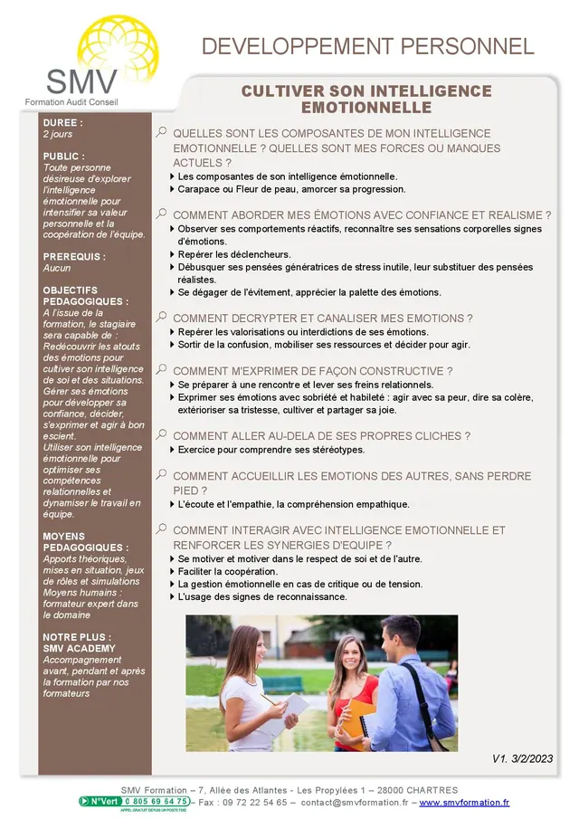 Fiche programme de la formation Cultiver son intelligence émotionnelle : durée, public, prérequis, objectifs pédagogiques et contenu