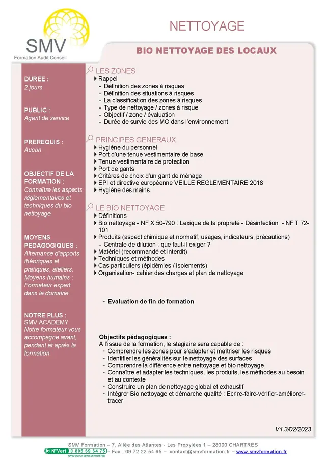Fiche programme de la formation Bio nettoyage des locaux : durée, public, prérequis, objectifs pédagogiques et contenu