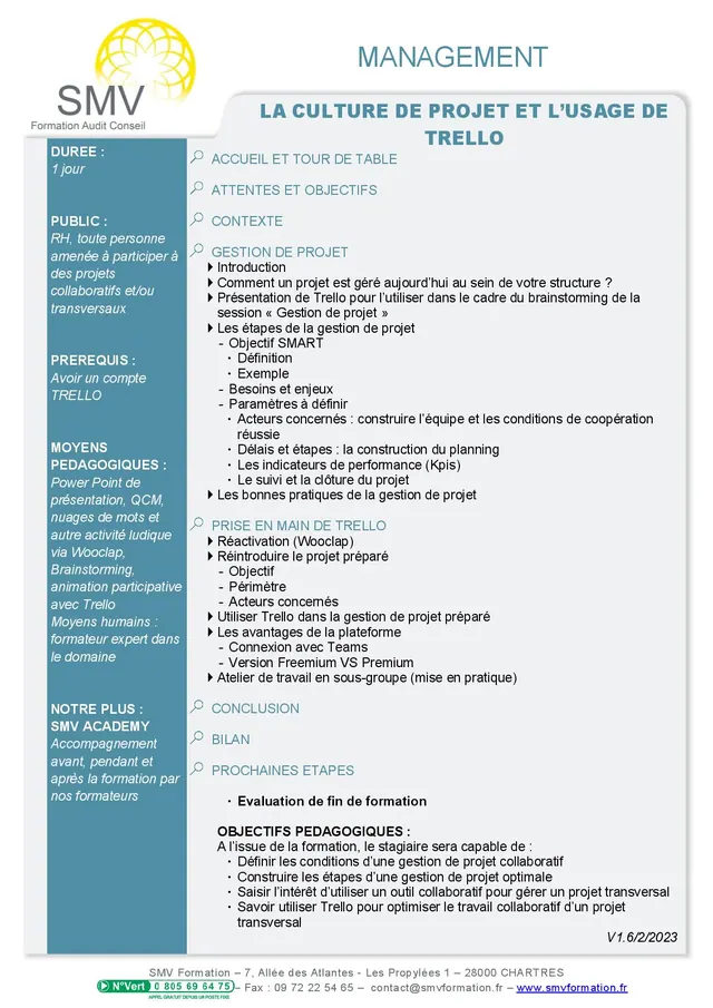 Fiche programme de la formation La culture de projet et l’usage de Trello : durée, public, prérequis, objectifs pédagogiques et contenu