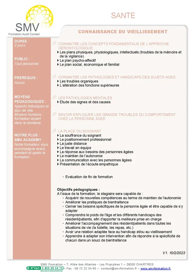 Fiche programme de la formation Connaissance du vieillissement : durée, public, prérequis, objectifs pédagogiques et contenu
