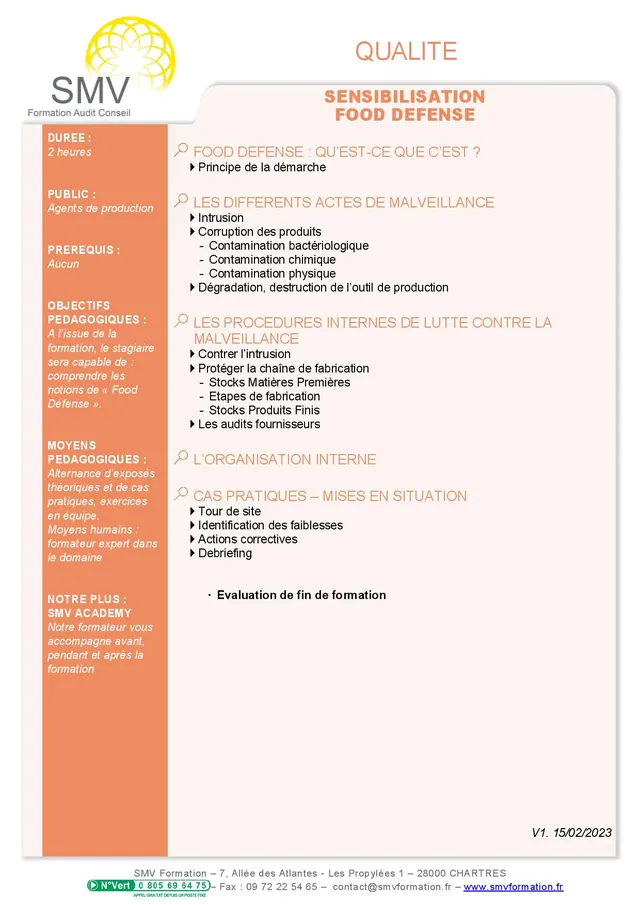 Fiche programme de la formation Sensibilisation Food Defense 2h : durée, public, prérequis, objectifs pédagogiques et contenu