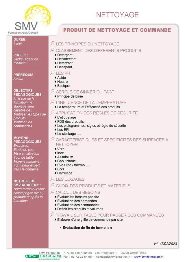 Fiche programme de la formation Produit de nettoyage et commande : durée, public, prérequis, objectifs pédagogiques et contenu