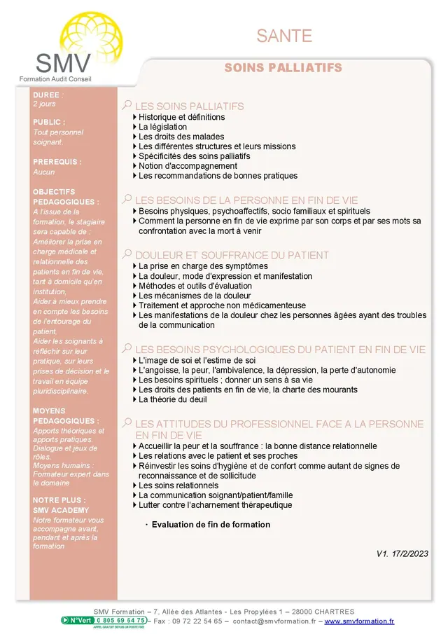 Fiche programme de la formation Soins palliatifs 2 jours : durée, public, prérequis, objectifs pédagogiques et contenu