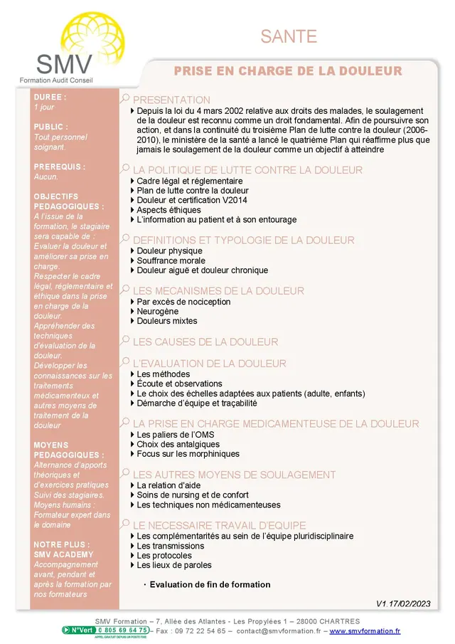 Fiche programme de la formation Prise en charge de la douleur : durée, public, prérequis, objectifs pédagogiques et contenu