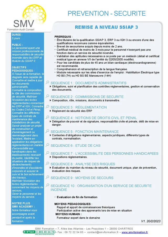Fiche programme de la formation Remise à Niveau SSIAP 3 : durée, public, prérequis, objectifs pédagogiques et contenu