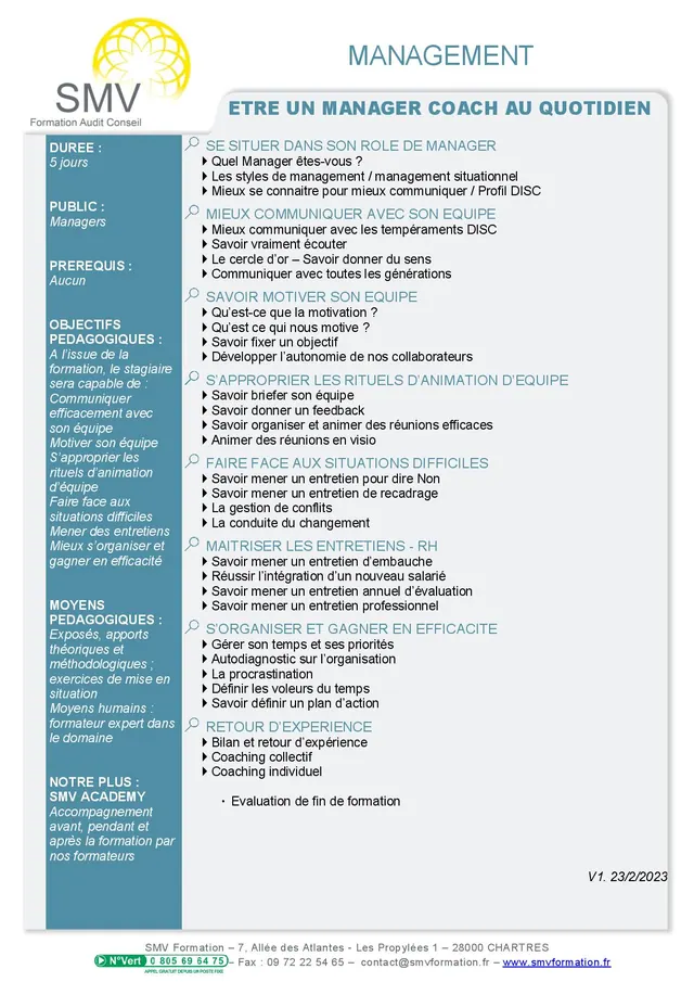 Fiche programme de la formation Etre un manager coach au quotidien : durée, public, prérequis, objectifs pédagogiques et contenu