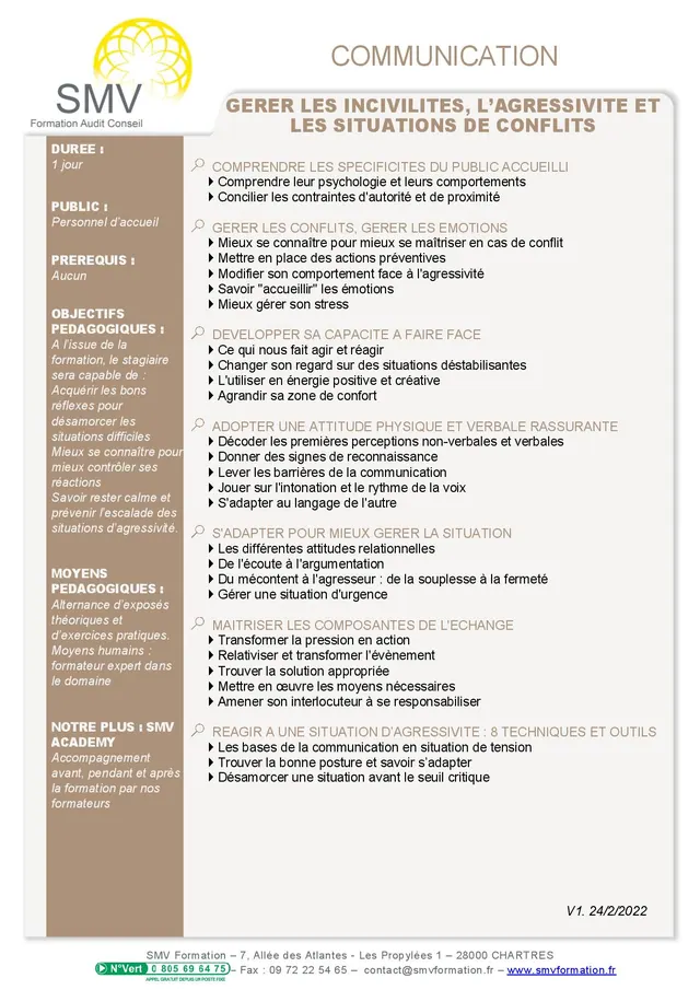 Fiche programme de la formation Gérer les incivilités, l’agressivité et les situations de conflits : durée, public, prérequis, objectifs pédagogiques et contenu