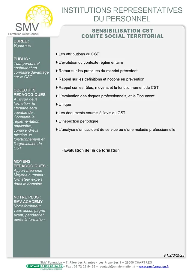 Fiche programme de la formation Sensibilisation CST : durée, public, prérequis, objectifs pédagogiques et contenu