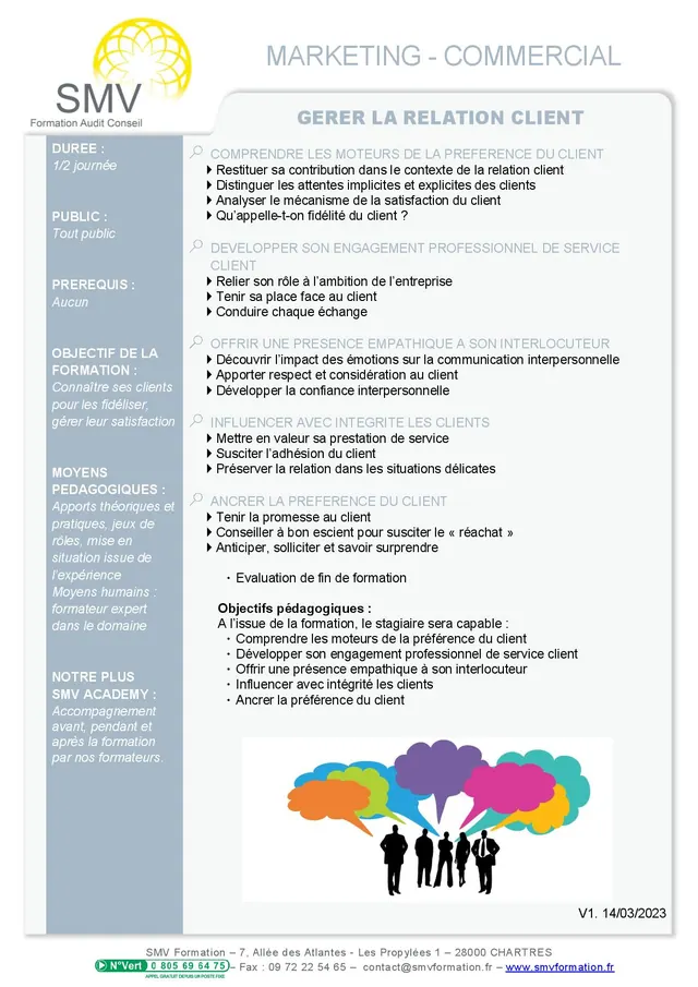 Fiche programme de la formation Gérer la relation client  demi journée : durée, public, prérequis, objectifs pédagogiques et contenu