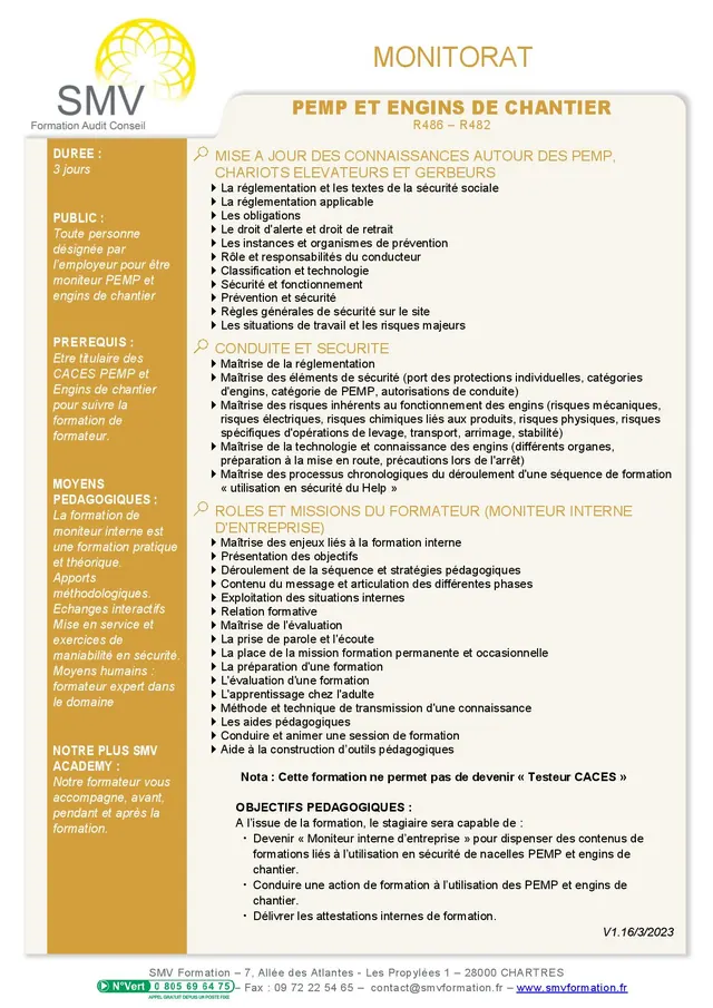 Fiche programme de la formation Monitorat PEMP et Engins de chantier R486 et R482 : durée, public, prérequis, objectifs pédagogiques et contenu