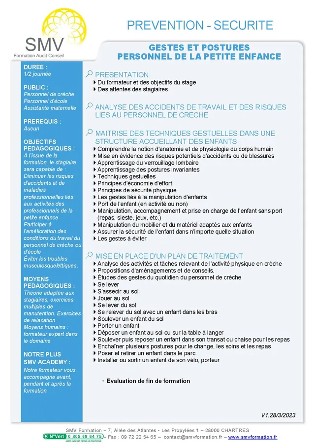 Fiche programme de la formation Gestes et postures personnel de la petite enfance demi-journée : durée, public, prérequis, objectifs pédagogiques et contenu