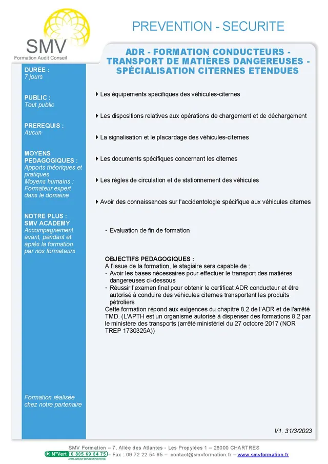 Fiche programme de la formation ADR – Formation conducteurs – Transport de matières dangereuses – Spécialisation citernes étendues : durée, public, prérequis, objectifs pédagogiques et contenu
