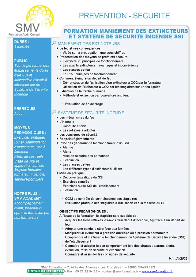 Fiche programme de la formation Formation maniement des extincteurs et Système de Sécurité Incendie SSI : durée, public, prérequis, objectifs pédagogiques et contenu
