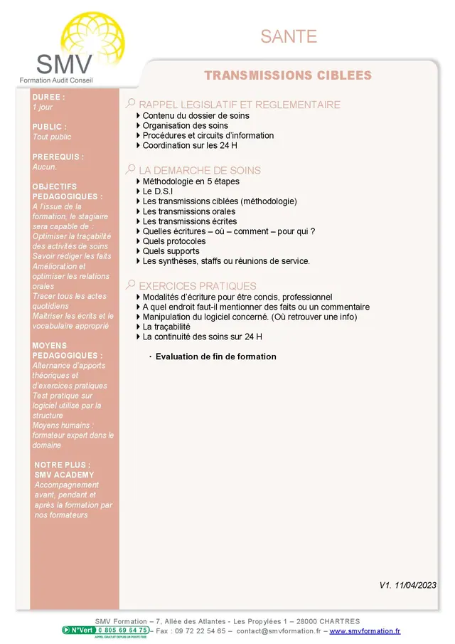 Fiche programme de la formation Transmissions ciblées 1 jour : durée, public, prérequis, objectifs pédagogiques et contenu