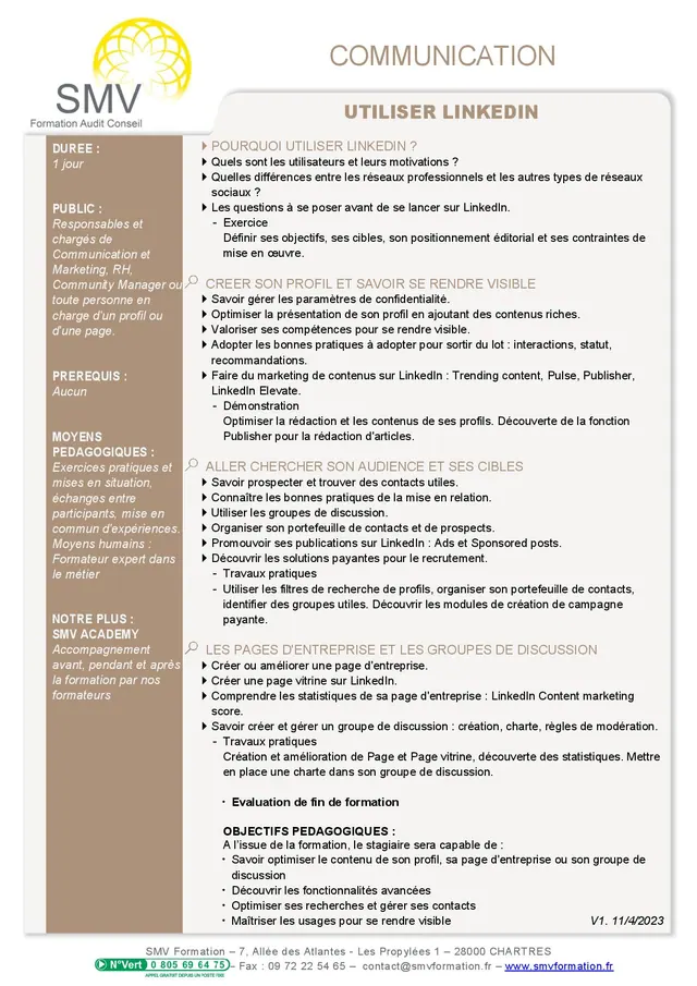 Fiche programme de la formation Utiliser LINKEDIN : durée, public, prérequis, objectifs pédagogiques et contenu