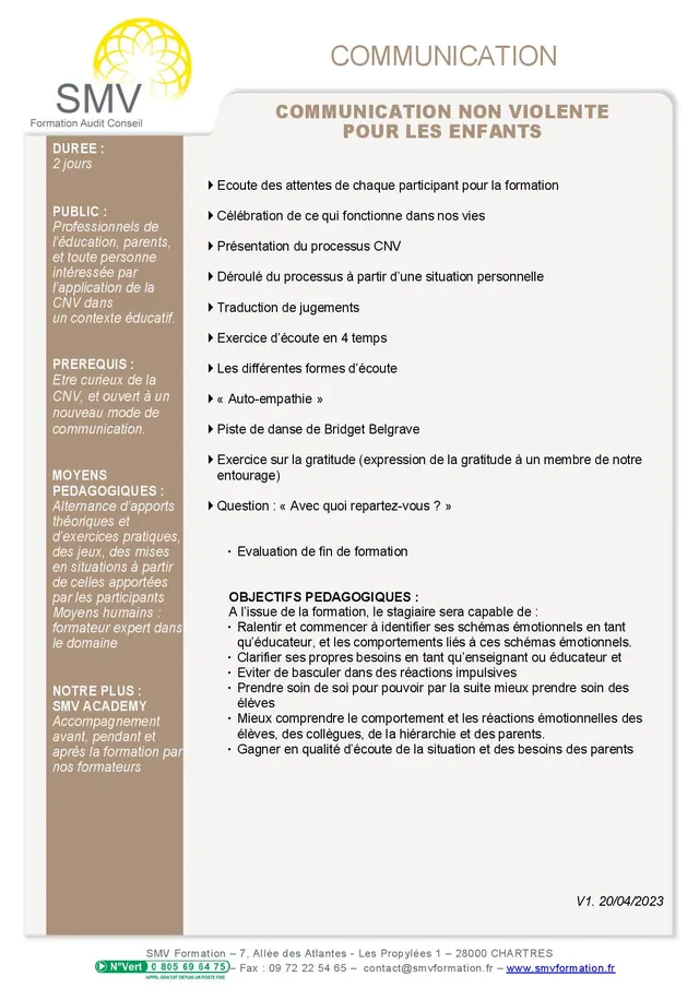 Fiche programme de la formation Communication non violente pour les enfants : durée, public, prérequis, objectifs pédagogiques et contenu
