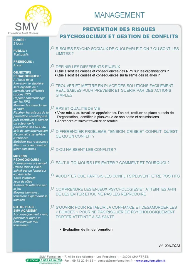 Fiche programme de la formation Prévention des risques psychosociaux et gestion des conflits : durée, public, prérequis, objectifs pédagogiques et contenu