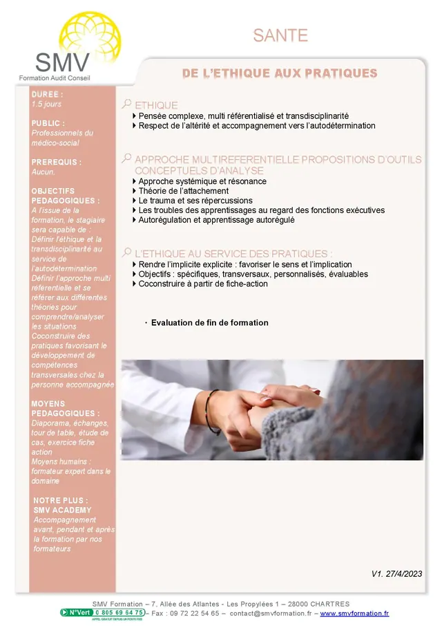 Fiche programme de la formation De l’éthique aux pratiques : durée, public, prérequis, objectifs pédagogiques et contenu