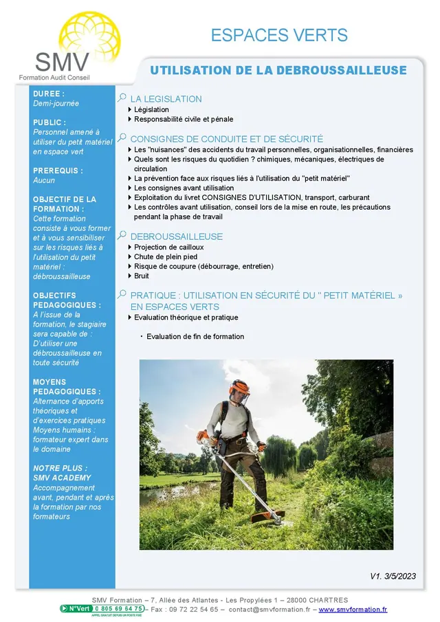Fiche programme de la formation Utilisation de la débroussailleuse : durée, public, prérequis, objectifs pédagogiques et contenu