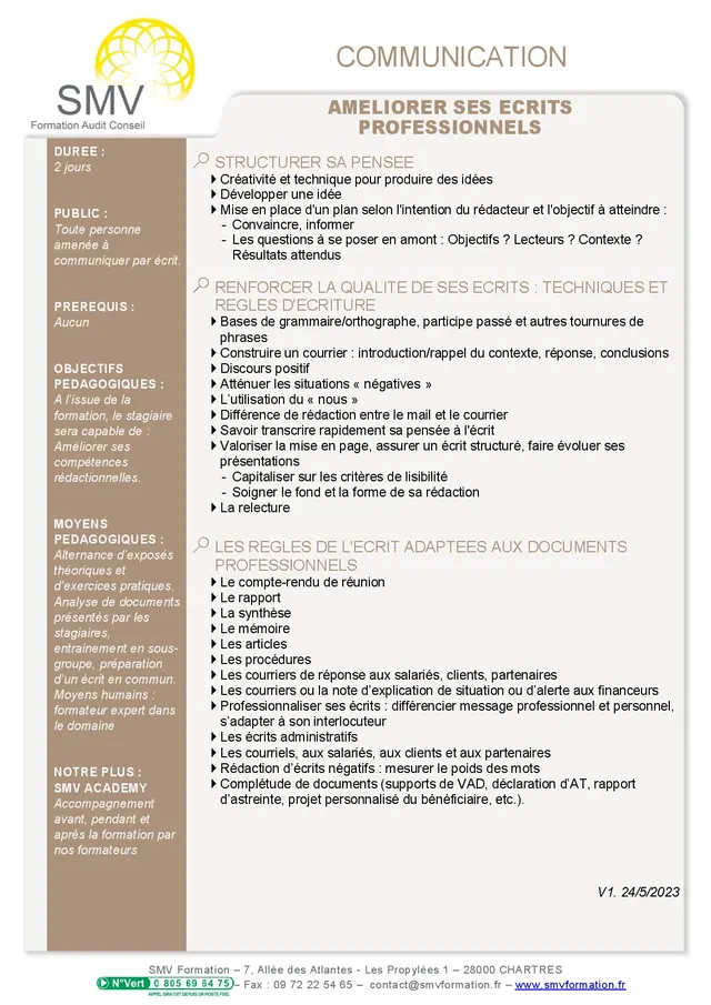 Fiche programme de la formation Améliorer ses écrits professionnels : durée, public, prérequis, objectifs pédagogiques et contenu