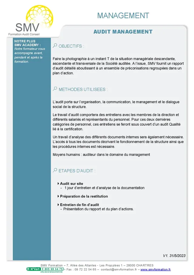Fiche programme de la formation Audit management : durée, public, prérequis, objectifs pédagogiques et contenu