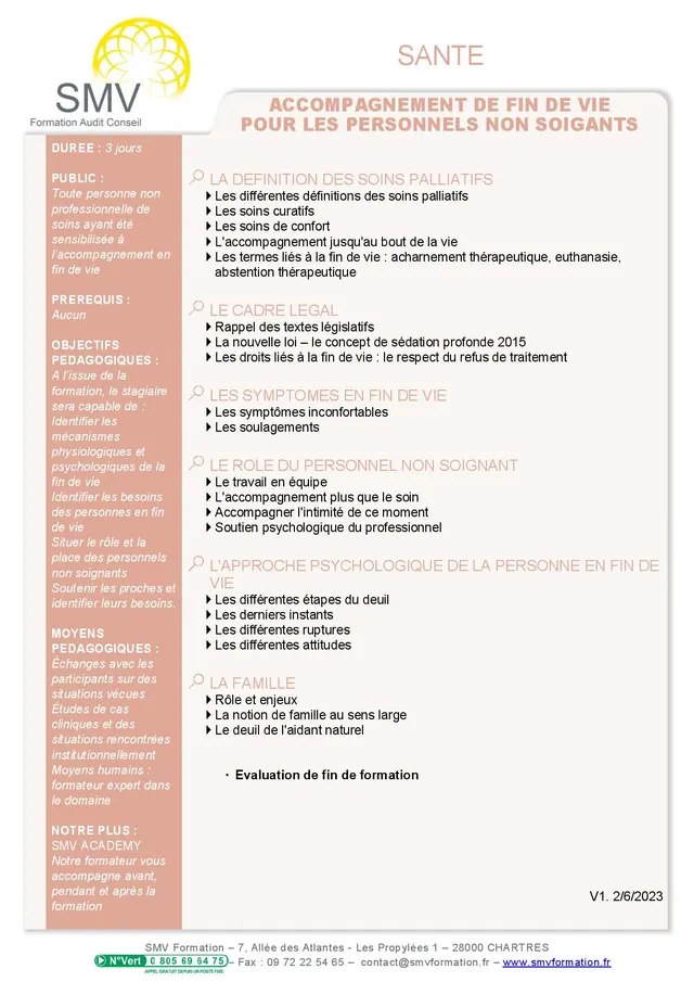 Fiche programme de la formation Accompagnement de fin de vie pour les personnels non soignants : durée, public, prérequis, objectifs pédagogiques et contenu