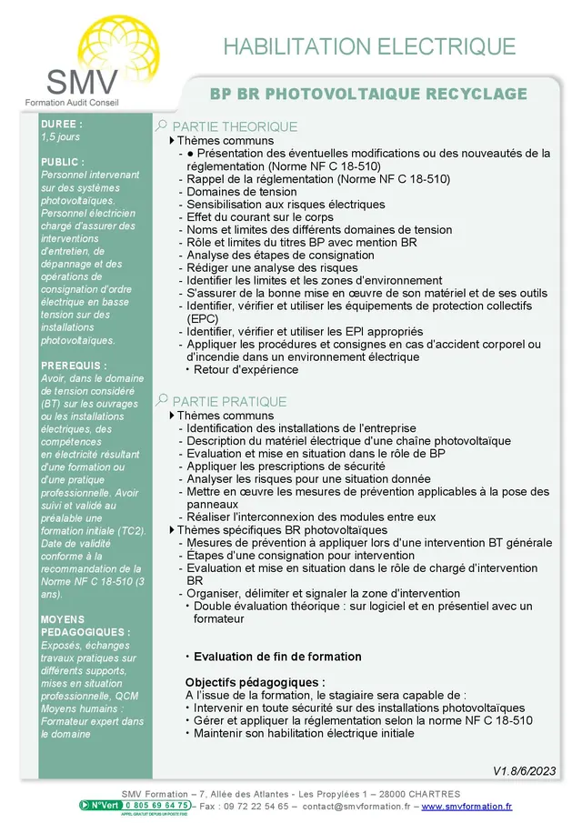 Fiche programme de la formation BP BR Photovoltaïque Recyclage : durée, public, prérequis, objectifs pédagogiques et contenu