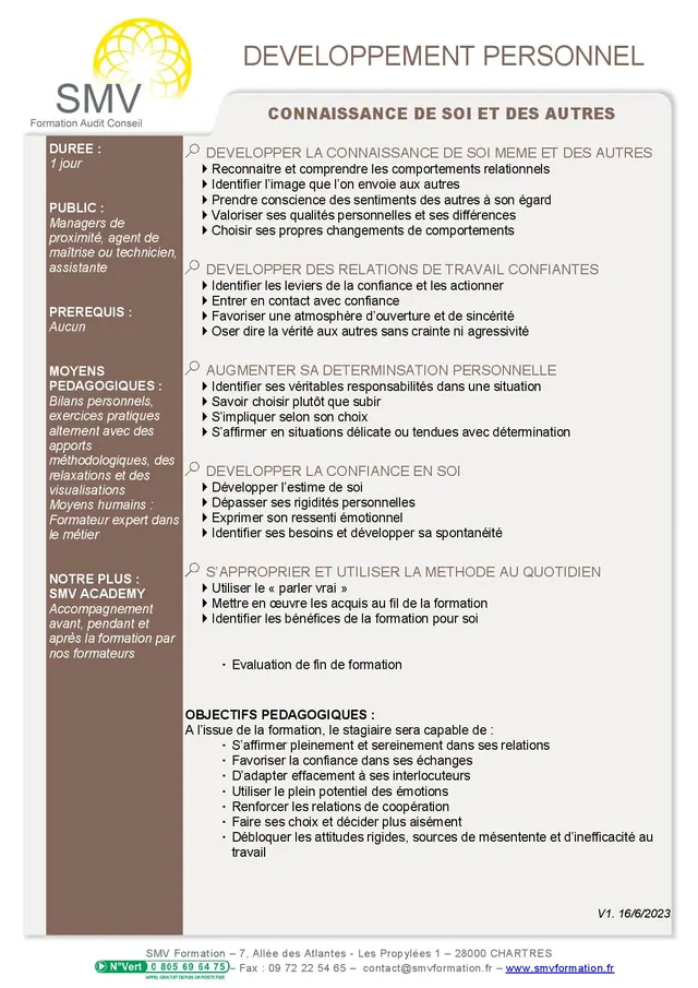 Fiche programme de la formation Connaissance de soi et des autres 1 jour : durée, public, prérequis, objectifs pédagogiques et contenu