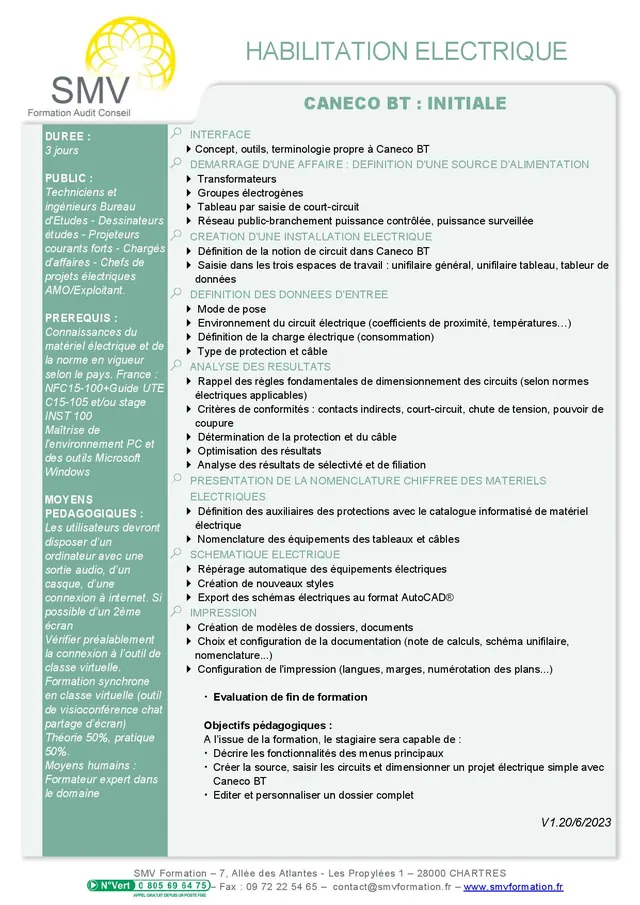 Fiche programme de la formation Caneco BT : initiale : durée, public, prérequis, objectifs pédagogiques et contenu