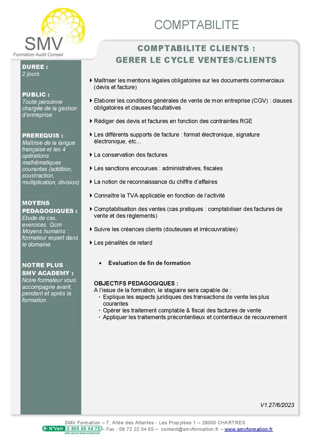 Fiche programme de la formation Comptabilité clients : gérer le cycle ventes/clients : durée, public, prérequis, objectifs pédagogiques et contenu