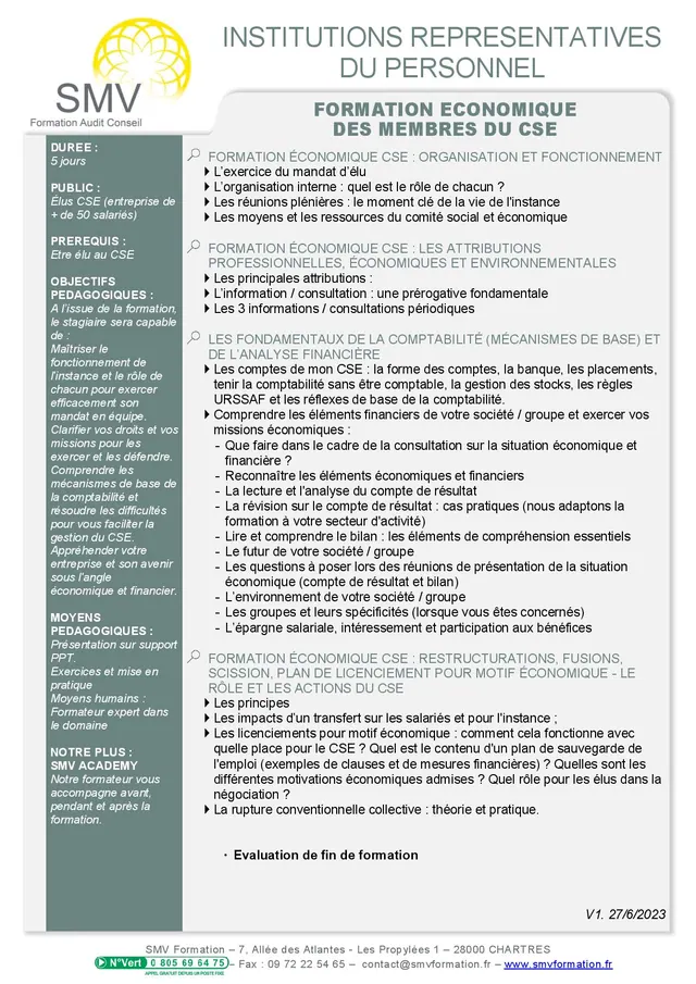 Fiche programme de la formation Formation économique des membres du CSE : durée, public, prérequis, objectifs pédagogiques et contenu