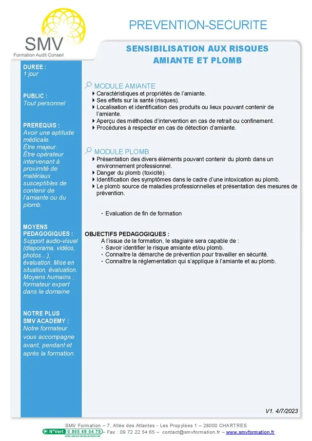 Fiche programme de la formation Sensibilisation aux risques amiante et plomb : durée, public, prérequis, objectifs pédagogiques et contenu