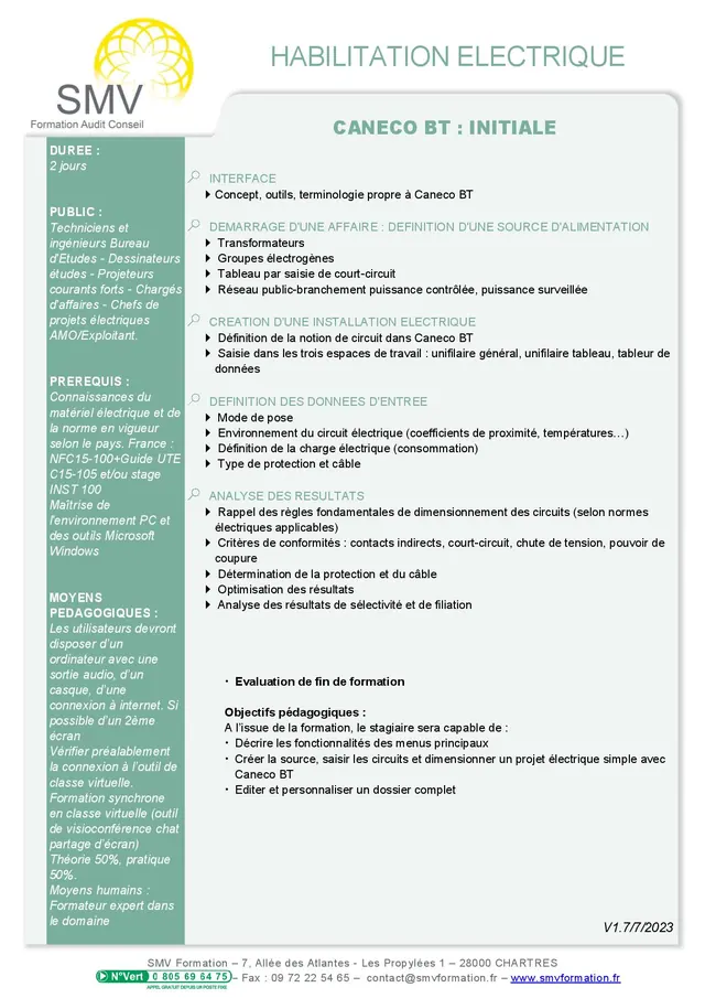 Fiche programme de la formation Caneco BT : initiale 2 JOURS : durée, public, prérequis, objectifs pédagogiques et contenu
