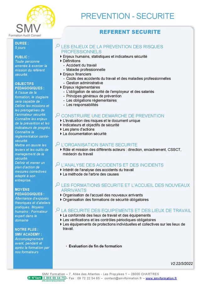 Fiche programme de la formation Référent sécurité 5 jours : durée, public, prérequis, objectifs pédagogiques et contenu