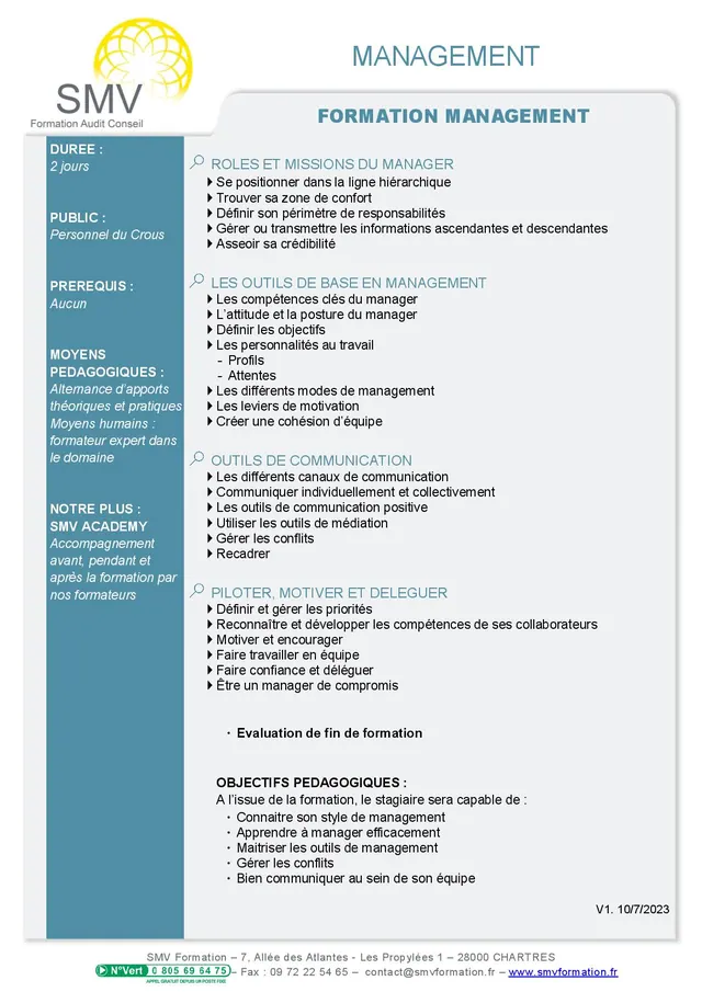 Fiche programme de la formation Formation management : durée, public, prérequis, objectifs pédagogiques et contenu